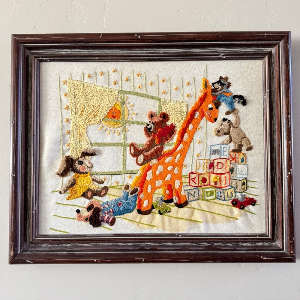 Vintage Framed Crewel Needlepoint Framed Artwork Playful Nursery Animals